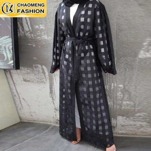 Muslim Fashion Kimono Kaftan Abayas For Women Dubai Robe Cardigan Plaid Organza Fluffy Hollow Out Long Sleeve Clothing
