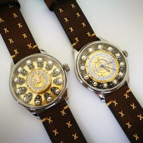 Retro Skeleton Skull Automatic Mechanical Mens Watch Sterling Silver Skull Dial Display Calendar Men Wristwatches Leather Strap