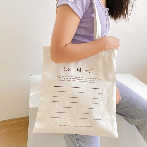 She Said That Women Canvas Tote Bag Korean Red Letters Print Shoulder Bag Simple Art Shopper Bag White Cotton Cloth Shipping Bag