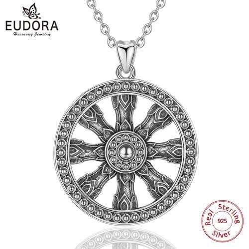 EUDORA Unique 925 Sterling Silver Ship Rudder &Sun Flower Pendant Necklace For Women Oxidized Sliver Jewelry Cool Gift CYD324