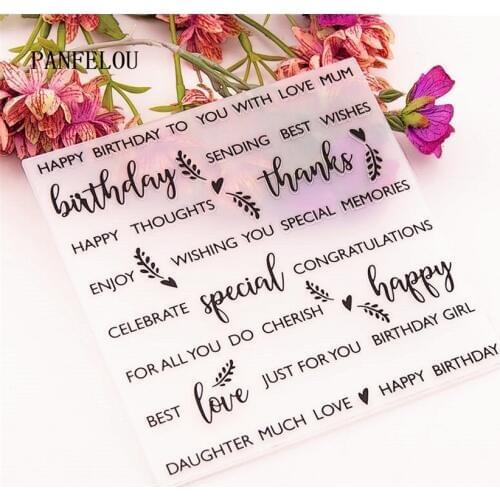PANFELOU Happy birthday Embossing folders Plastic For Scrapbooking DIY Template Fondant Cake Photo Album Easter Card Making