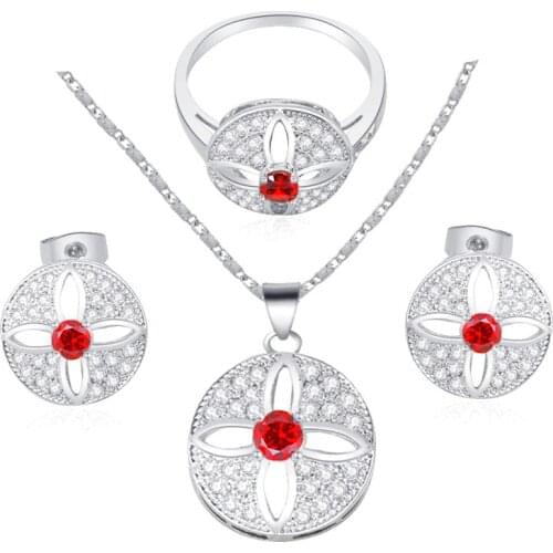 ROLILASON Round Style Earring Necklace Ring Jewelry Red Set Austrian AAA zircon Ring Sz #7 #8.5 JS542