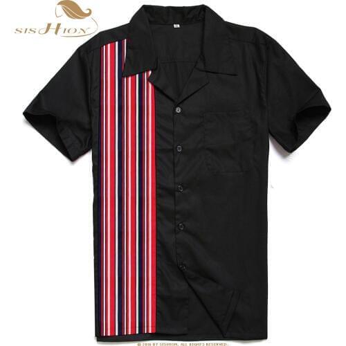 SISHION Mens Shirts Casual Slim Fit ST110 Black Short Sleeve Striped pocket trim Retro Punk Shirt ropa hombre casual