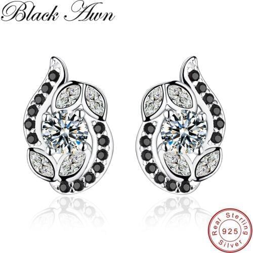 [BLACK AWN] 100% Genuine 925 Sterling Silver Jewelry Black Spinel Stone Flower Cute Engagement Stud Earrings for Women T138