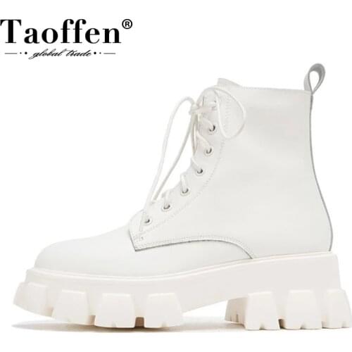 Taoffen Womans Ankle Boots Real Leather Thick Bottom Platform Fashion Lace Up Shoes Woman Daily Footwear Size 34-41