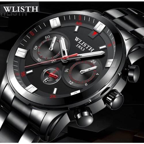 Wlisth Top Brand Men Stainless Steel Wrist Watch Genuine Brand Quartz Watch Waterproof Wristwatch Simulate Three Eyes Relogios