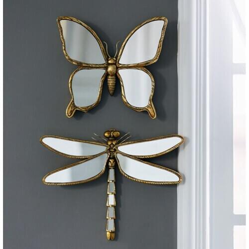 Butterfly Dragonfly Mirror Wall Decor Creative Resin Crafts Livingroom Background Wall Hanging Mirror Mural Ornament R4962