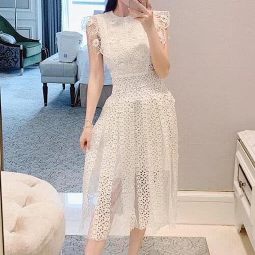 Womens Lace Crochet Hollow Long Dress High Waist Fashion Elegant Tight Mesh Stitching Runway Retro Evening Dress Dress 2021 New