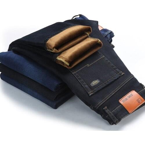 Winter Mens Fleece Baggy Jeans Business Casual Straight Thick Warm Denim Pants Stretch Black Blue Trousers Male Clothing