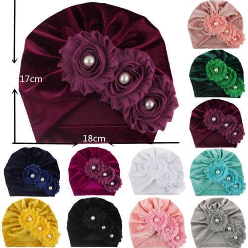 2019 Baby Accessories Newborn Infant Kids Baby Boy Girl Indian Turban Twist Knot Velvet Beanie Hat Pearl Flower Solid Soft Cap