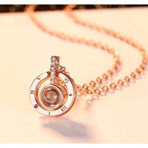 Luxury Rose Gold&Silver Color 100 Languages I Love You Projection Pendant Necklace Love Memory Mothers Day Gift