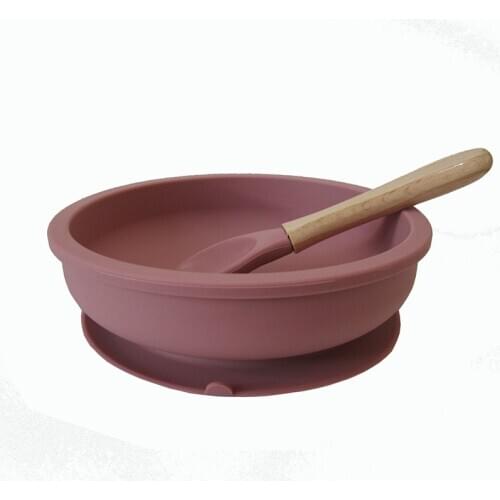 Baby Silicone Dishes BPA Free Feeding Bowl Wooden Spoon Suction Tableware For Kids Baby Dining Plate Silicone Dinnerware