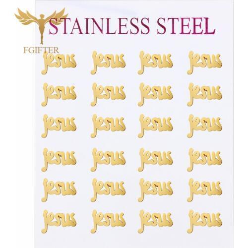 FGifter Rock Punk Earrings Jesus Letter Gold Color Small Stud Earring Stainless Steel Ear Piercing Women Mens Jewelry