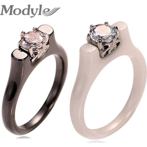 Modyle Fashion 6MM Crystal Ceramic Ring Cubic Zirconia Stone Black/White Color Women Jewelry Engagement Wedding Band Gifts
