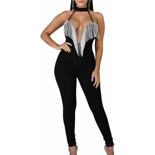 Sexy Women Tessels Sequined Jumpsuit Deep V Neck Sleeveless Romper Long Pants Playsuit Clubwear Trousers Outfit