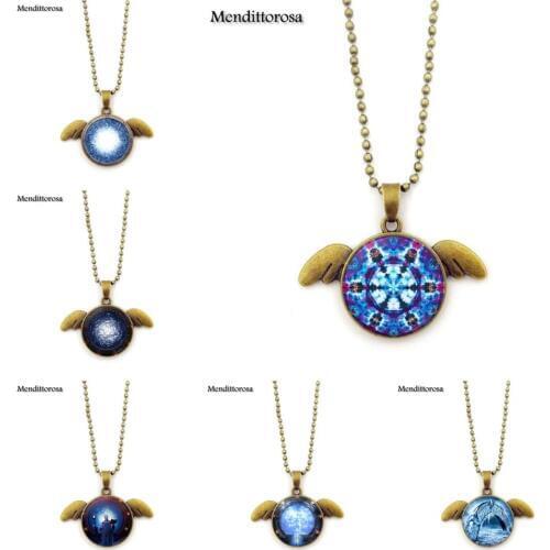 Mendittorosa New Arrival Necklace Glass Cabochon Bronze Angel Wings Pendant Necklaces For Women Stargate Portal