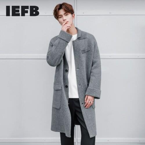 IEFB Mens Medium Length Windbreaker Lapel Knitted Cardigan Fashion Cotton Coat 2021 Winter Korean Single-breasted Loose 9Y8464