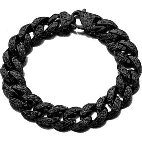 Rock Roll 316L Stainless Steel Black Tone Cuban Curb Chain Bracelet Mens Vintage Totem Bracelets Bangle Cool Male Biker Jewelry
