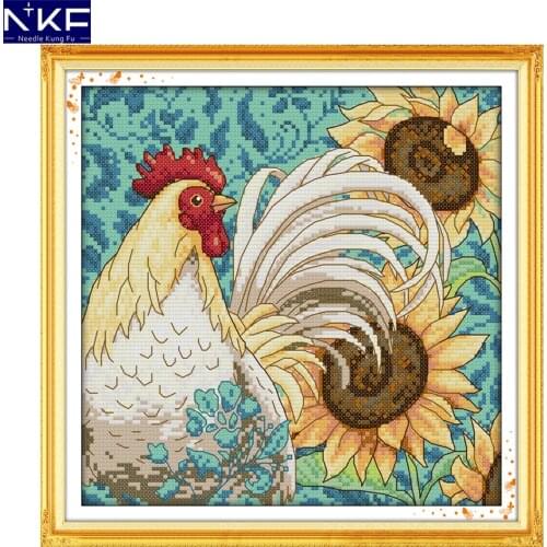 NKF Sunflower and Cock Pattern DIY Handmade Craft Cross Stitch Set Embroidery Kit Animal Design Stitching Home Decor