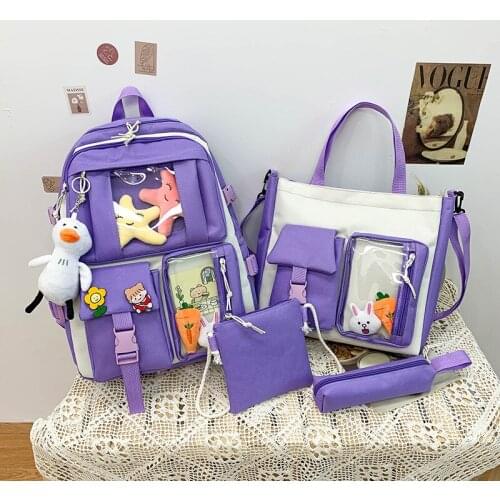 Kawaii Backpack Women Preppy Style 4 Pcs Canvas School Bag for Teenage Girl Bookbag Large Capacity Backpacks Student Rucksack