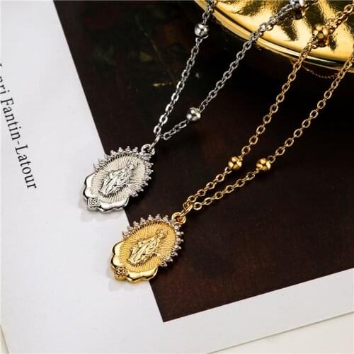 HECHENG,CZ Virgin Mary Necklace,Steel Crystal Necklace,Long Chain Jewelry,For Women Gift