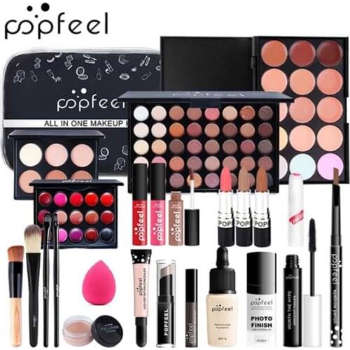 Full Make Up Sets Eyeshadow Lipstick Eyebrow Pencil Lip Gloss Foundation Makeup Brush Powder Puff Cosmetics Kit with Makeup Bag