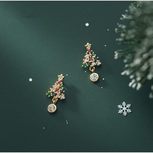 Christmas Design 925 Sterling SilverColorful Cubic Zirconia Star Tree Earrings Anti-allergy Ear Studs Earring For Girl Kids