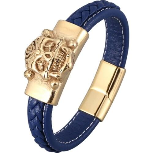 Blue Braided Leather Bracelet Men Punk Rock Gold Stainless Steel Skull Magnetic Buckle Bangles Jewelry Accessories Friend PD0898