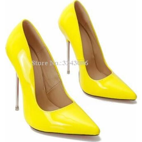 Patent Leather Pointed Toe Metal Thin Heels Stiletto Pumps Lady Sexy 13cm Super High Heels Shoes Fashion Night Club Party Shoes