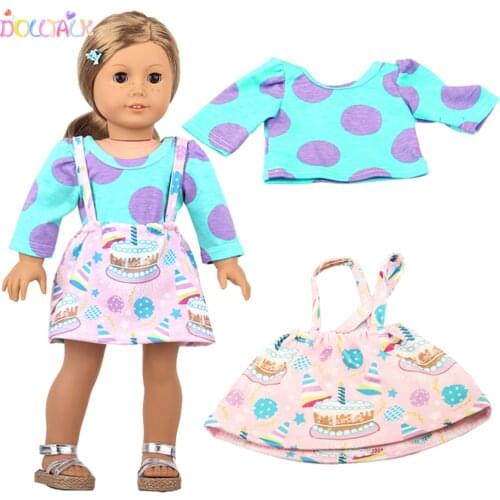 18 Inch American Doll Suspender Skirt+T-shirt Clothes Set Pink Cartoon Cake Balloon Suit For 43cm Baby New Born OG Girl Dolls
