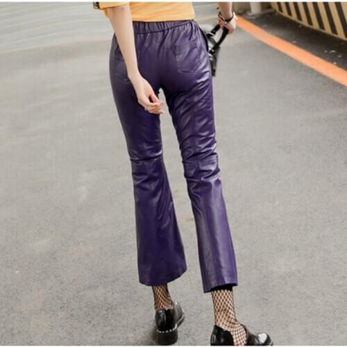 2020 Fashion Flare Pants Women Real Slim Fit Genuine Leather Lambskin Trousers Ladies Casual Large Size 4XL Pant Female