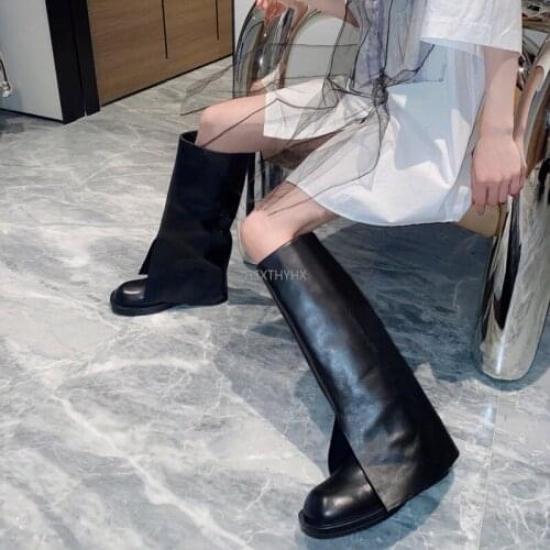 White High Quality Soft PU Leather Round Toe Slip-On Knee-High Boots Women Platform Flat Shoes Fashion Bootties Women boots