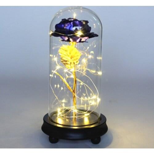 Women Valentines Day Gift Gold Foil Artificial Rose Flower LED Light String In Glass Dome On Wooden Base Gift Home Decoration
