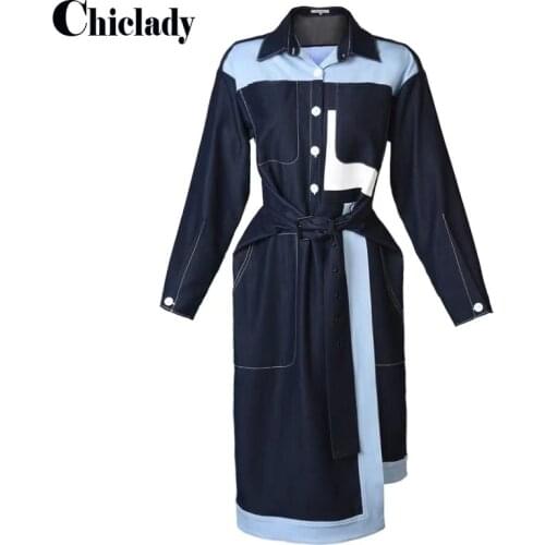 CHICLADY runway designer patchwork block color asymmetrical sashes knee length dresses for women casual streetweat lady blue za