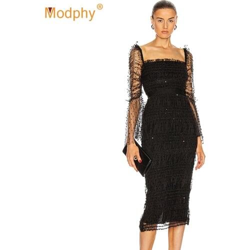 High Quality Elegant Women Bandage Dress Black Lace Sexy Flared Long Sleeve Bodycon Midi Dress Club Evening Party Vestidos