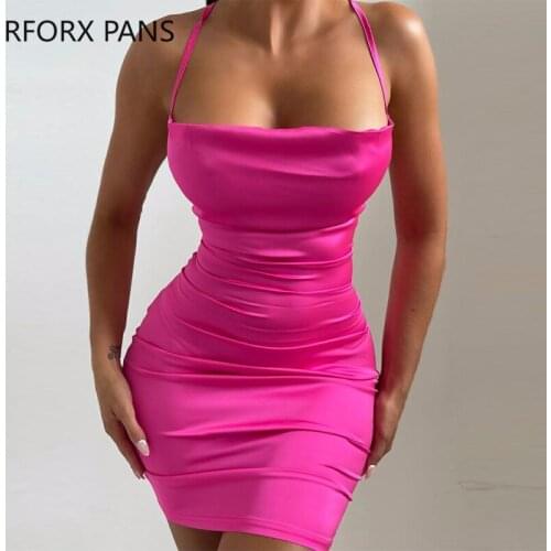 Women Solid Cami Halter Cowl Neck Cold shoulder Mini Bodycon Party Sexy Rose red Dress