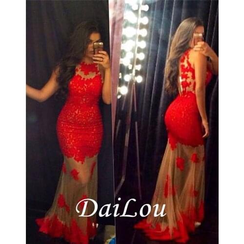 All Sizes Trumpet/Mermaid Sleeveless Floor-Length Jewel Neck Lace Appliques Sexy Red Prom Dress 2021