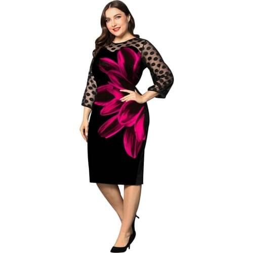 Echoine Splicing Lace Printed Polka Dot Hollow Long-sleeved Plus Size Dress One Piece O-neck Zipper Set Drop Shipping 2021