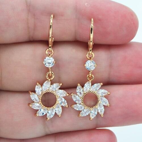Gold Color AAA+ Cubic Zirconia Women Fashion Clear CZ Pinwheel Dangle Earrings Jewelry