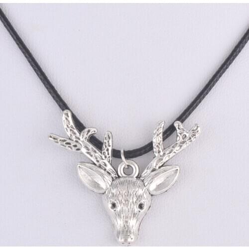 36*37MM Vintage antique tibetan silver color elk deer pendant necklace women choker wax cord rope necklace jewelry fashion girl