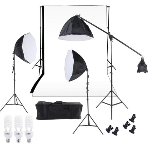 Photo Studio Lighting Softbox Photo Light Backdrop Stand Kit w/ Three 60cm Octagon Softbox Cantilever Light Stand Bulbs Backdrop
