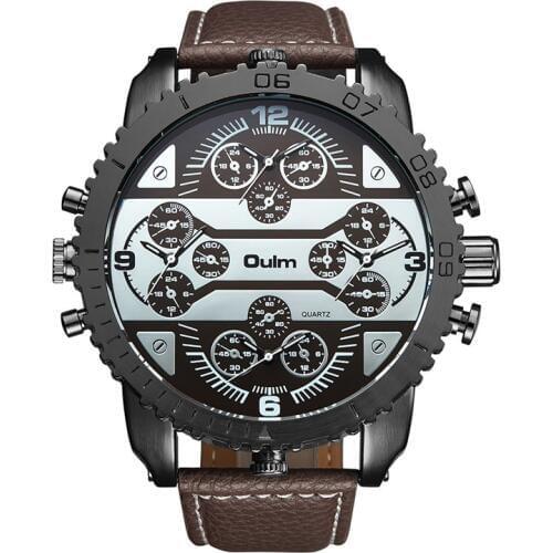 Oulm Big Dial Watch for Men Four Time Zone Large Quartz Watches Man Casual PU Leather Wristwatch Luxury Clock Male reloj hombre