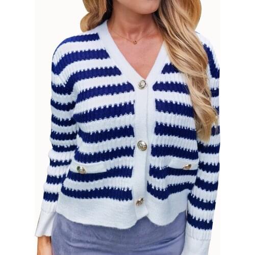 Colorfaith New 2021 Women Sweaters Autumn Winter Fashionable Buttons Oversize Striped Short Cardigans Vintage Knitwear SWC1339JX