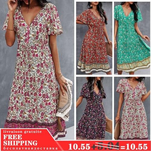 Floral Print Women Summer Dress Bohemian Style Beach Cotton V-Neck Short-Sleeve Sundress Female Midi Dress D30