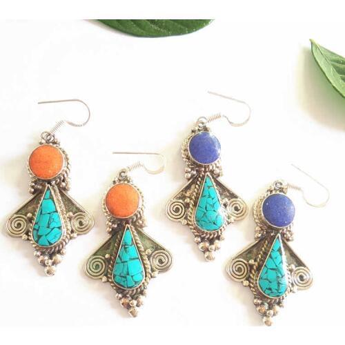 E135 Indian Vintage Colorful Handmade Earrings Nepal Copper Inlaid Colorful Stone