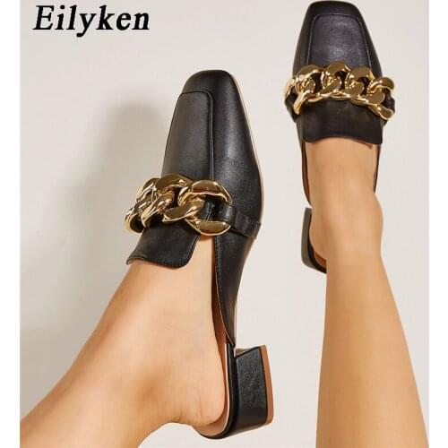 Eilyken New Casual Mules Slippers Women Fashion Square Toe Metal Chain Design Slip On Outdoor British Sliders Low Heels Shoes