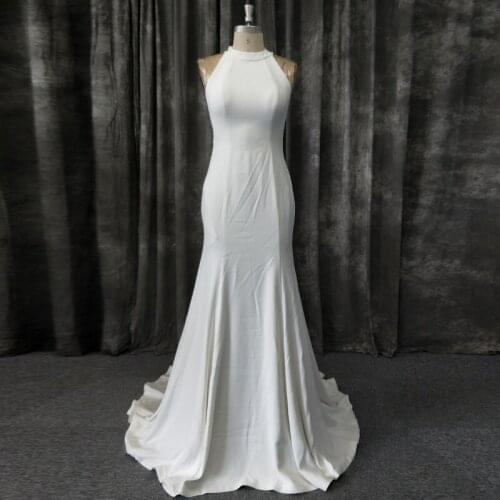 Elegant Mermaid Wedding Dress Halter Sleeveless Ribbon Bow Illusion Lace Back Crepe Bridal Gowns with Sweep Train