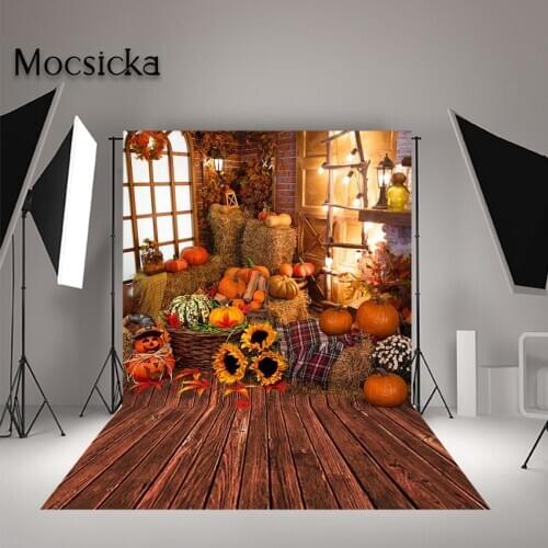 Mocsicka Thanksgiving Photography Backdrop Halloween Autumn Pumpkin Barn Wood Fall Background for Studio Portrait Photoshoot