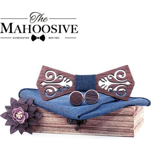 Mahoosive Tie Wooden Bow Ties papion man boda coffret cadeau homme cut out model with blue handkerchief cufflinks