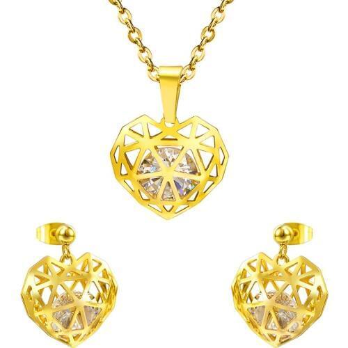 LUXUKISSKIDS New Fashion Zircon Jewelry Sets Prom Party Gold Color Stainless Steel Necklace Earring Set,Free Chain